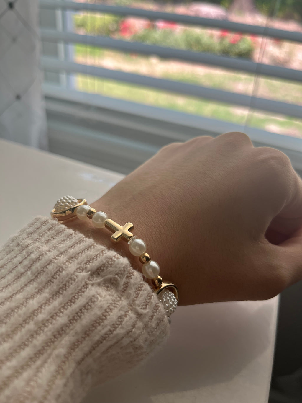 Pearl & Cross Gold Bracelet