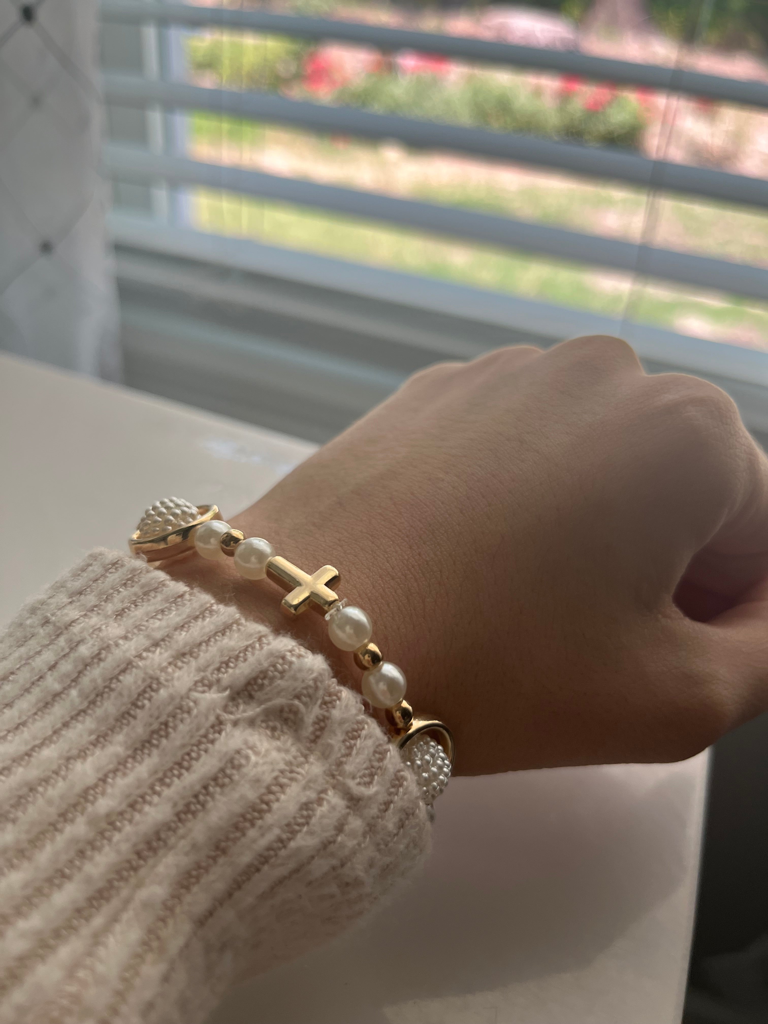 Pearl & Cross Gold Bracelet