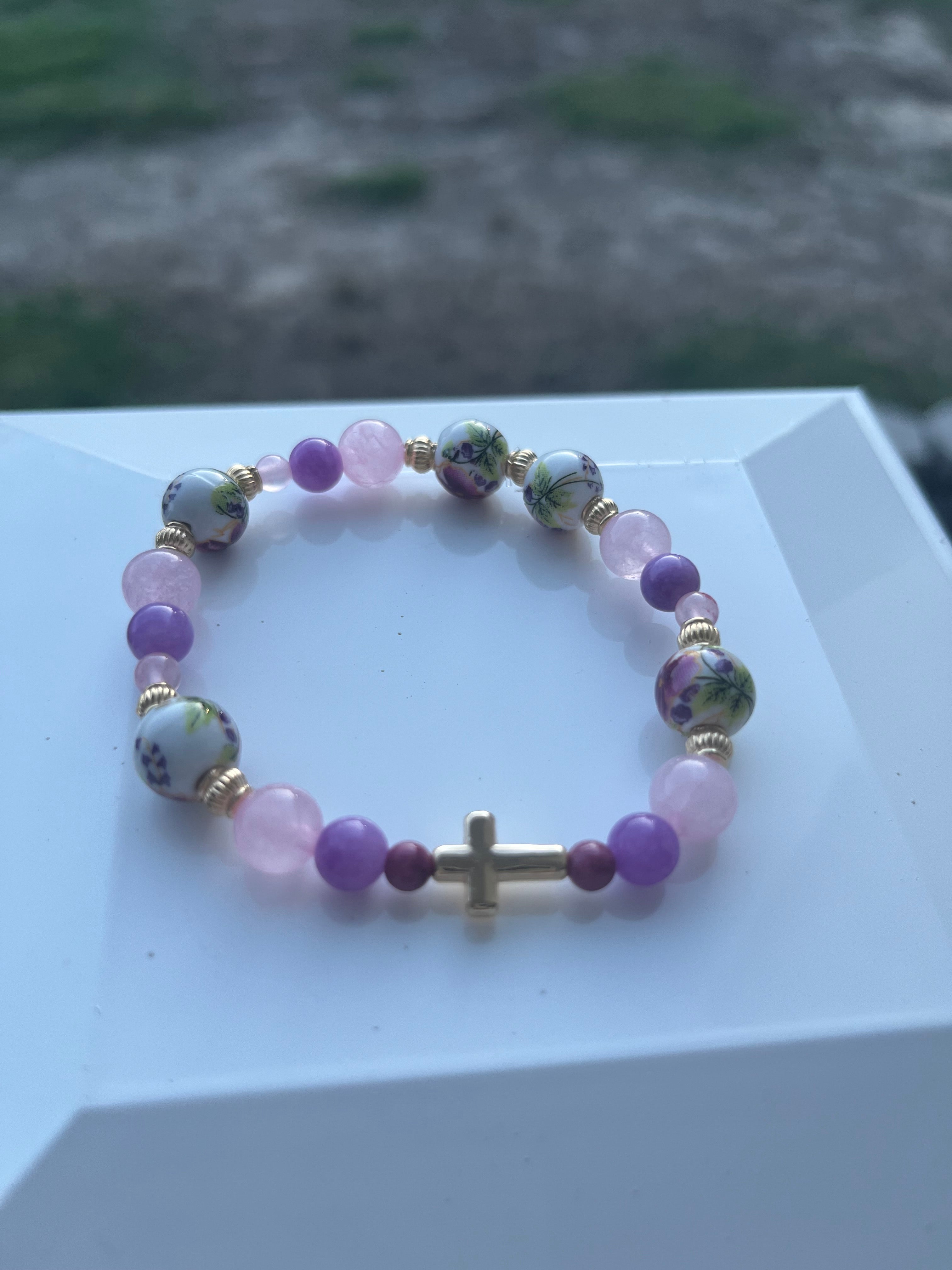 Purple Cross Floral Bead Bracelet