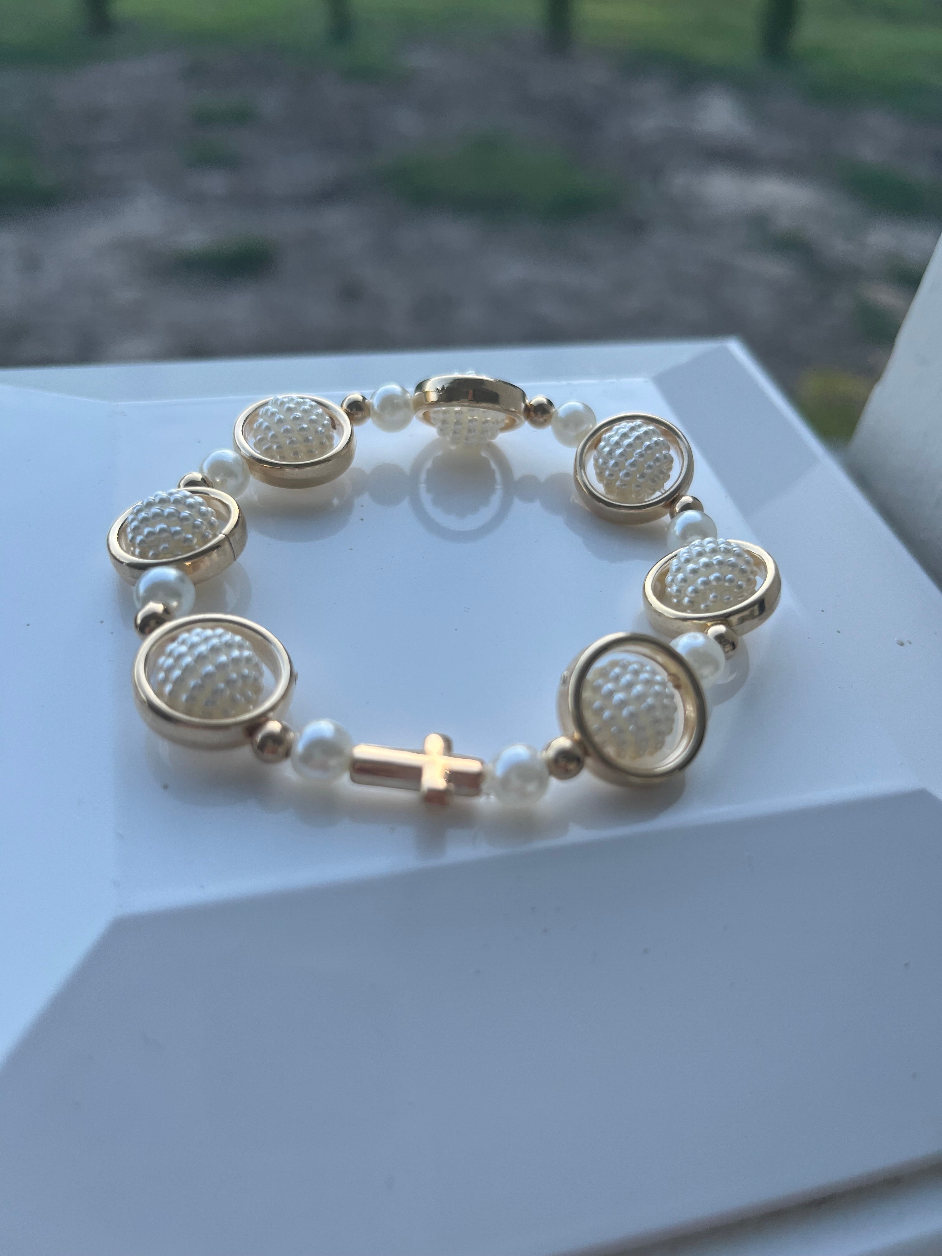 Pearl & Cross Gold Bracelet