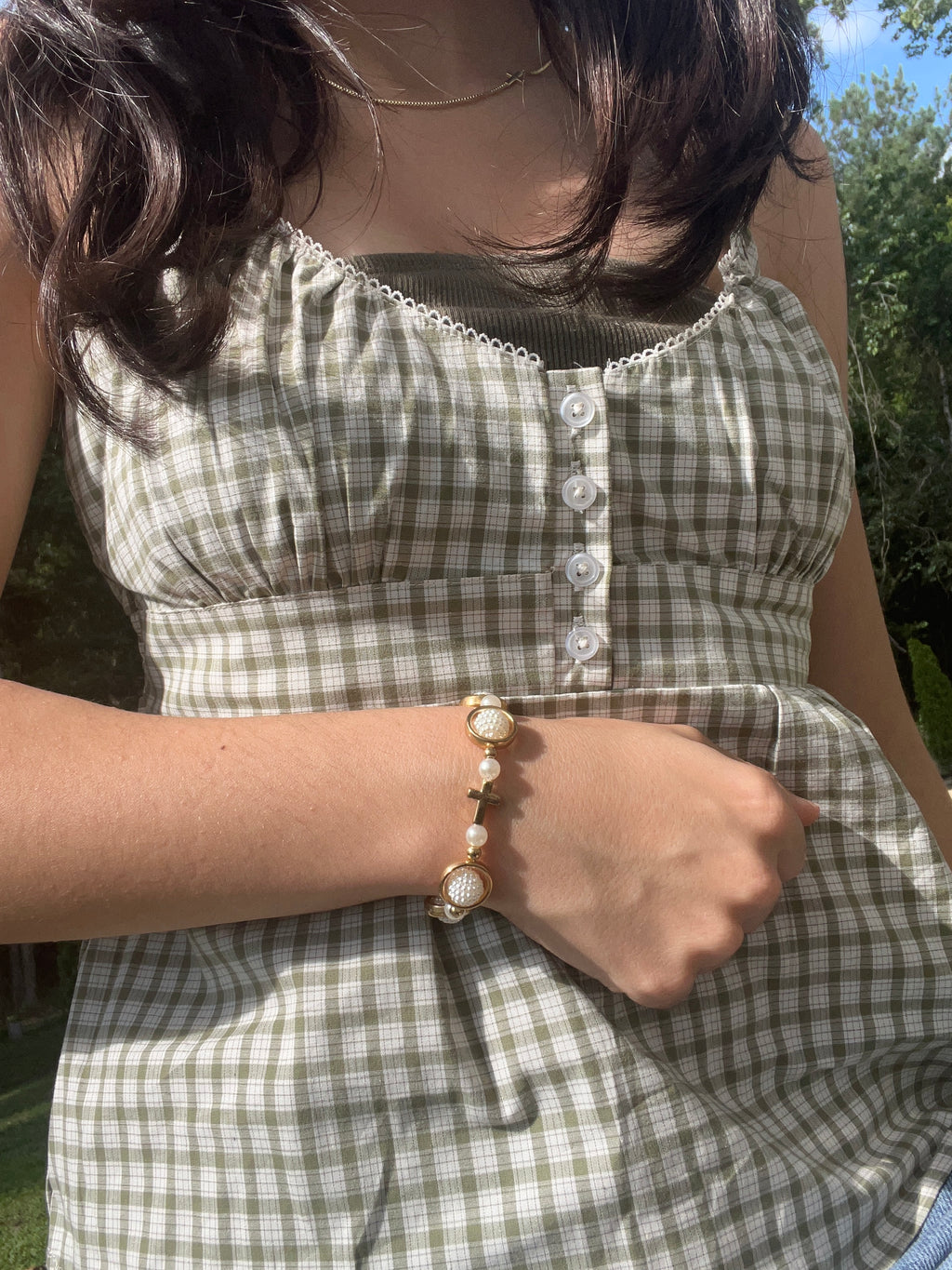 Pearl & Cross Gold Bracelet