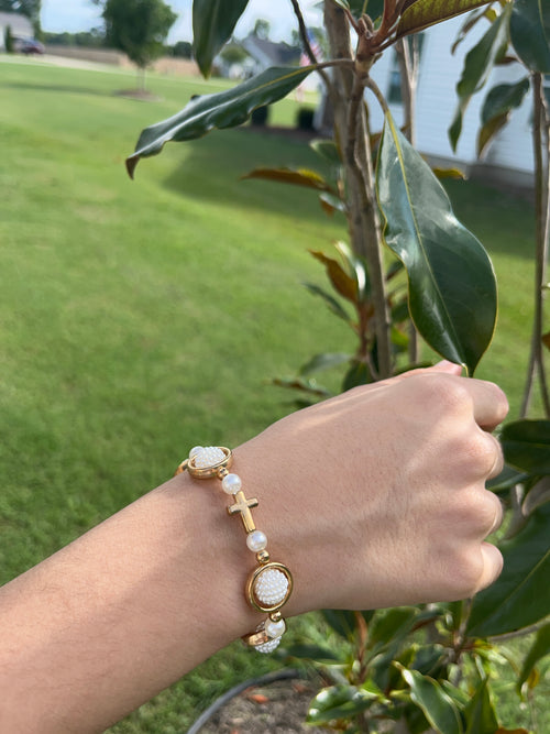 Pearl & Cross Gold Bracelet