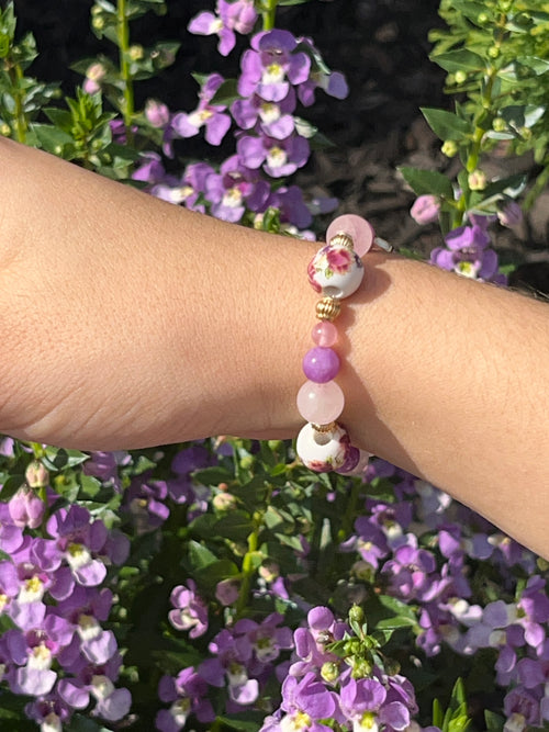Purple Cross Floral Bead Bracelet
