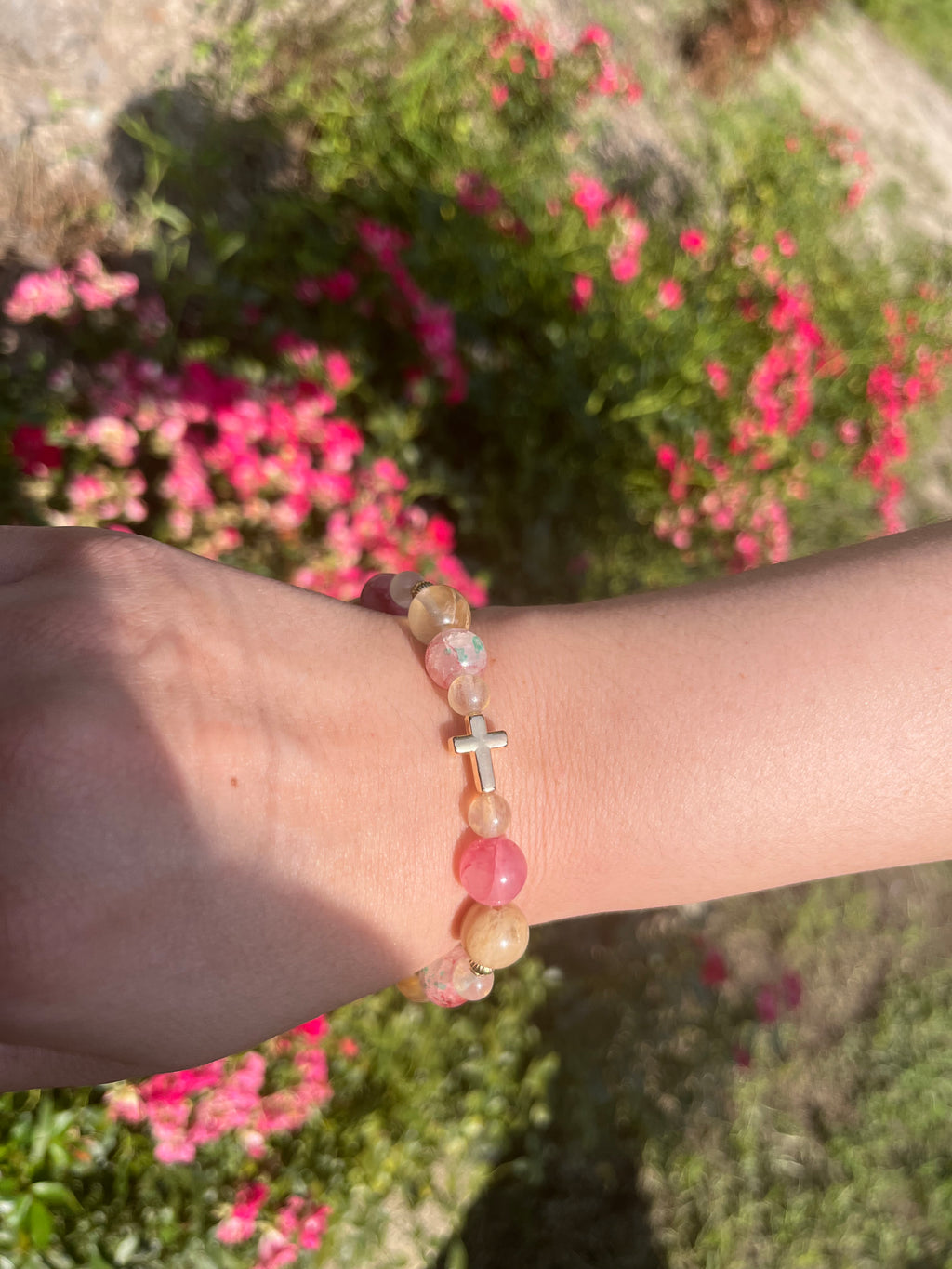 Pink, Blue, and Green Cross Bead Bracelet