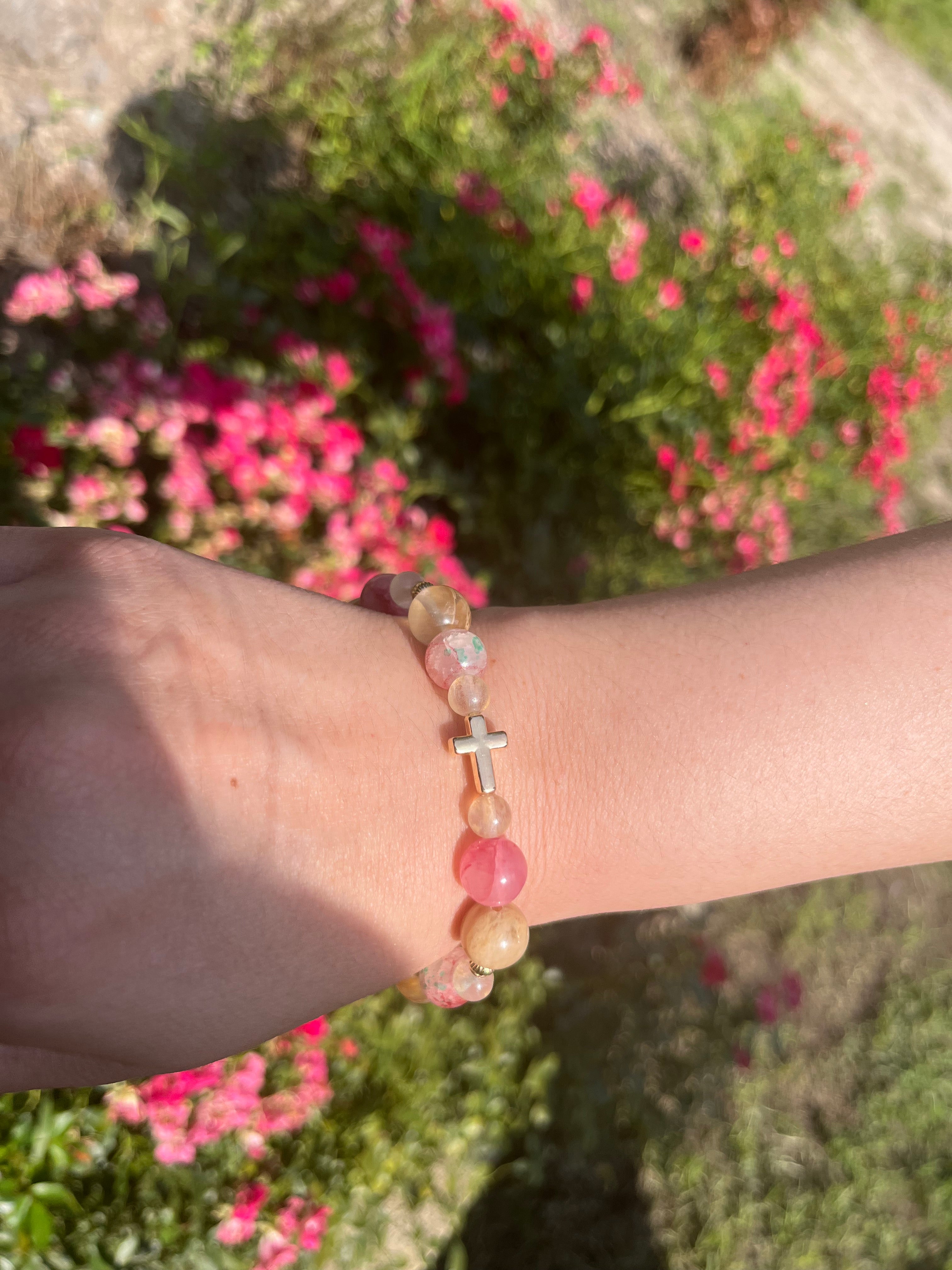 Pink, Blue, and Green Cross Bead Bracelet
