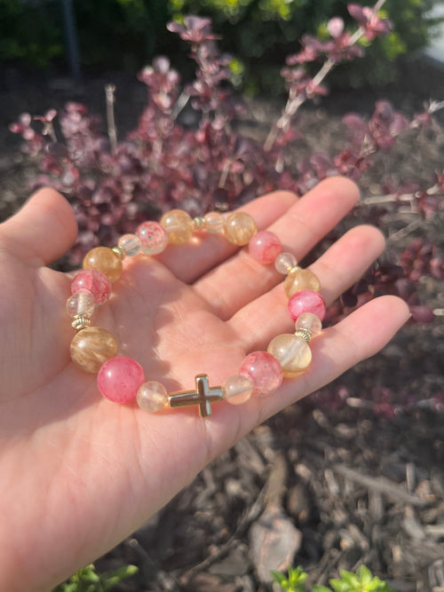 Pink, Blue, and Green Cross Bead Bracelet