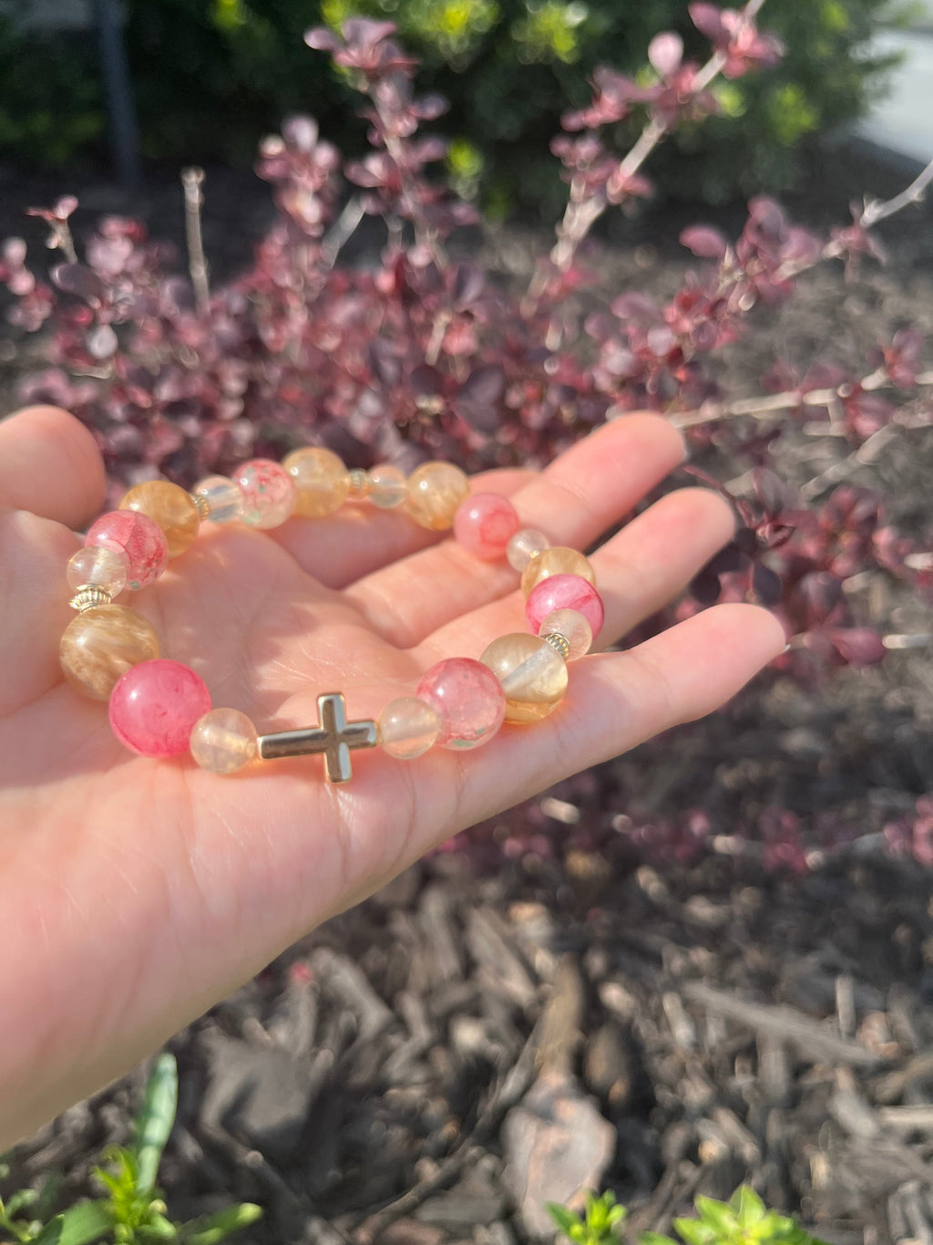 Pink, Blue, and Green Cross Bead Bracelet
