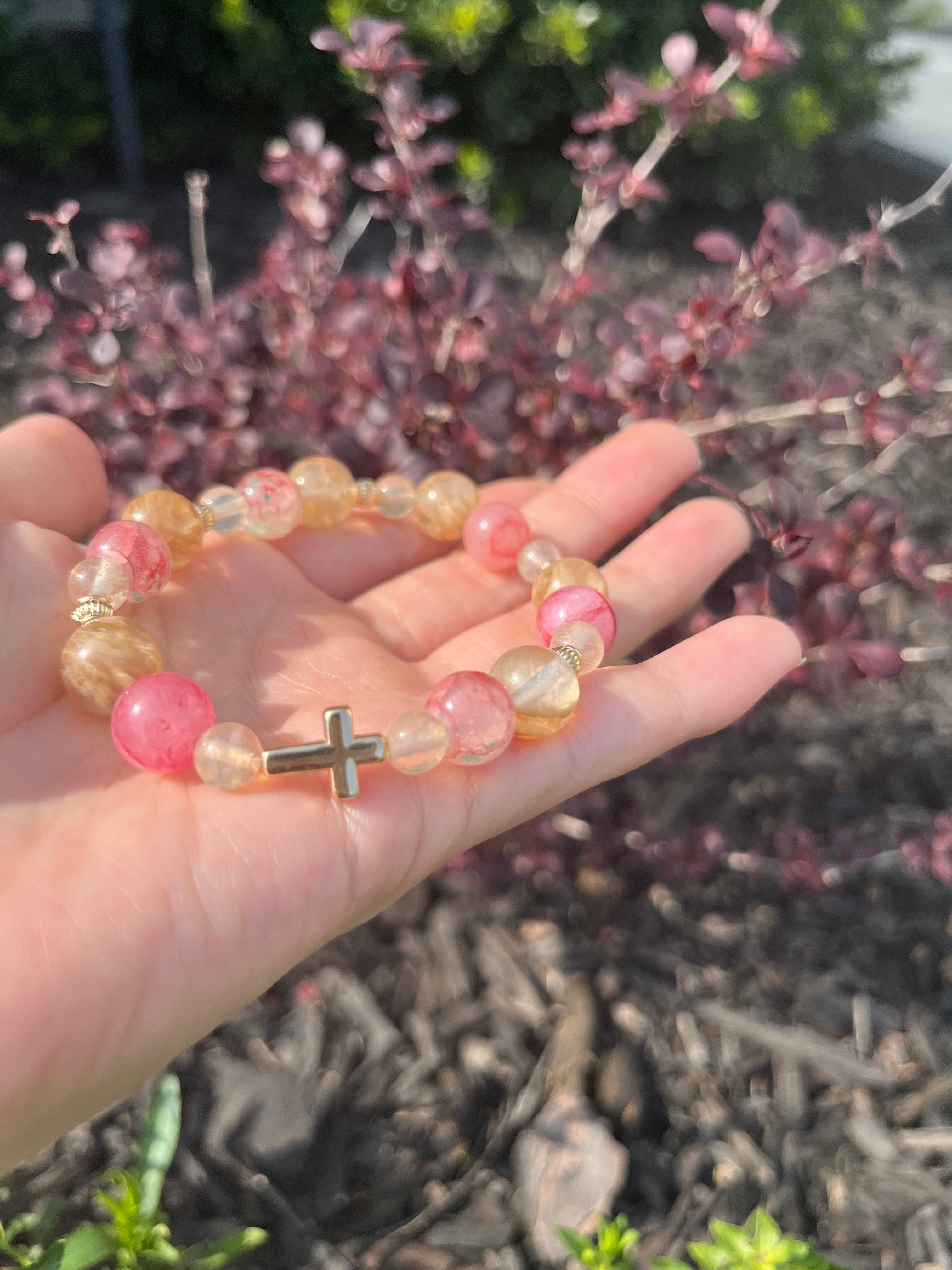 Pink, Blue, and Green Cross Bead Bracelet
