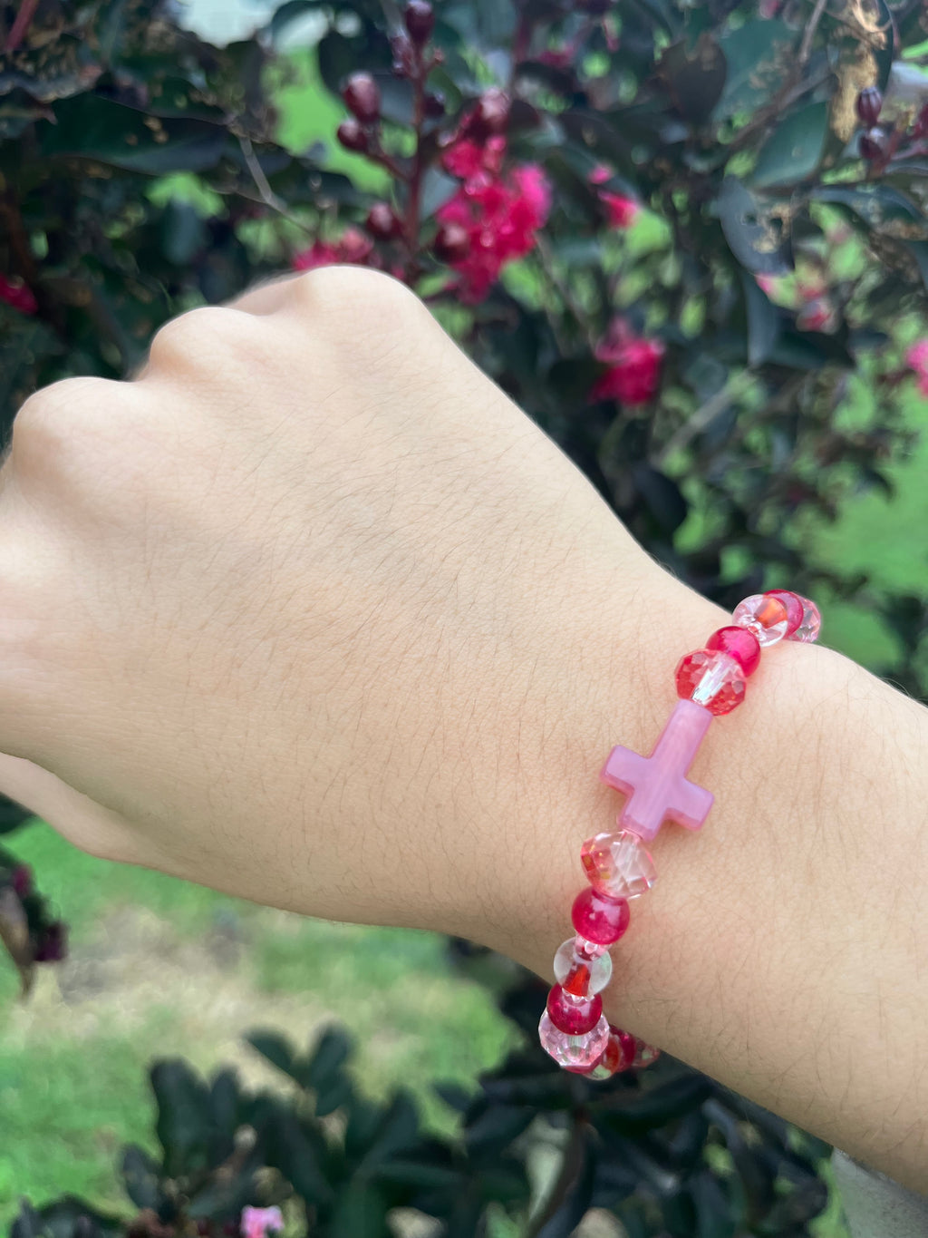 Pink Cross Beaded Bracelet