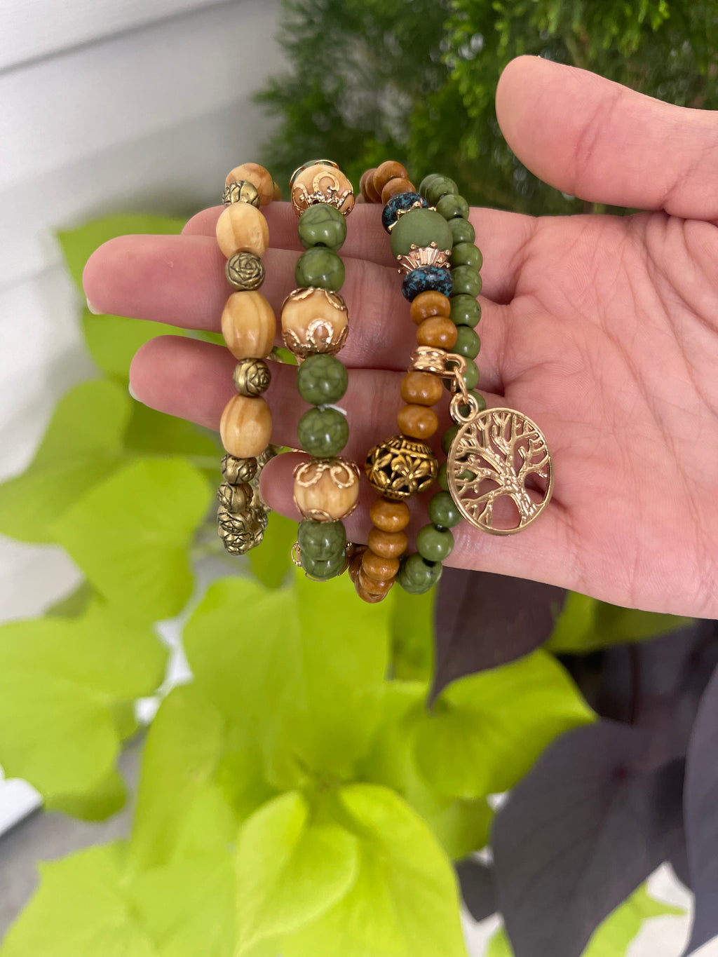 Tree of Life Green Beaded Bracelet Set