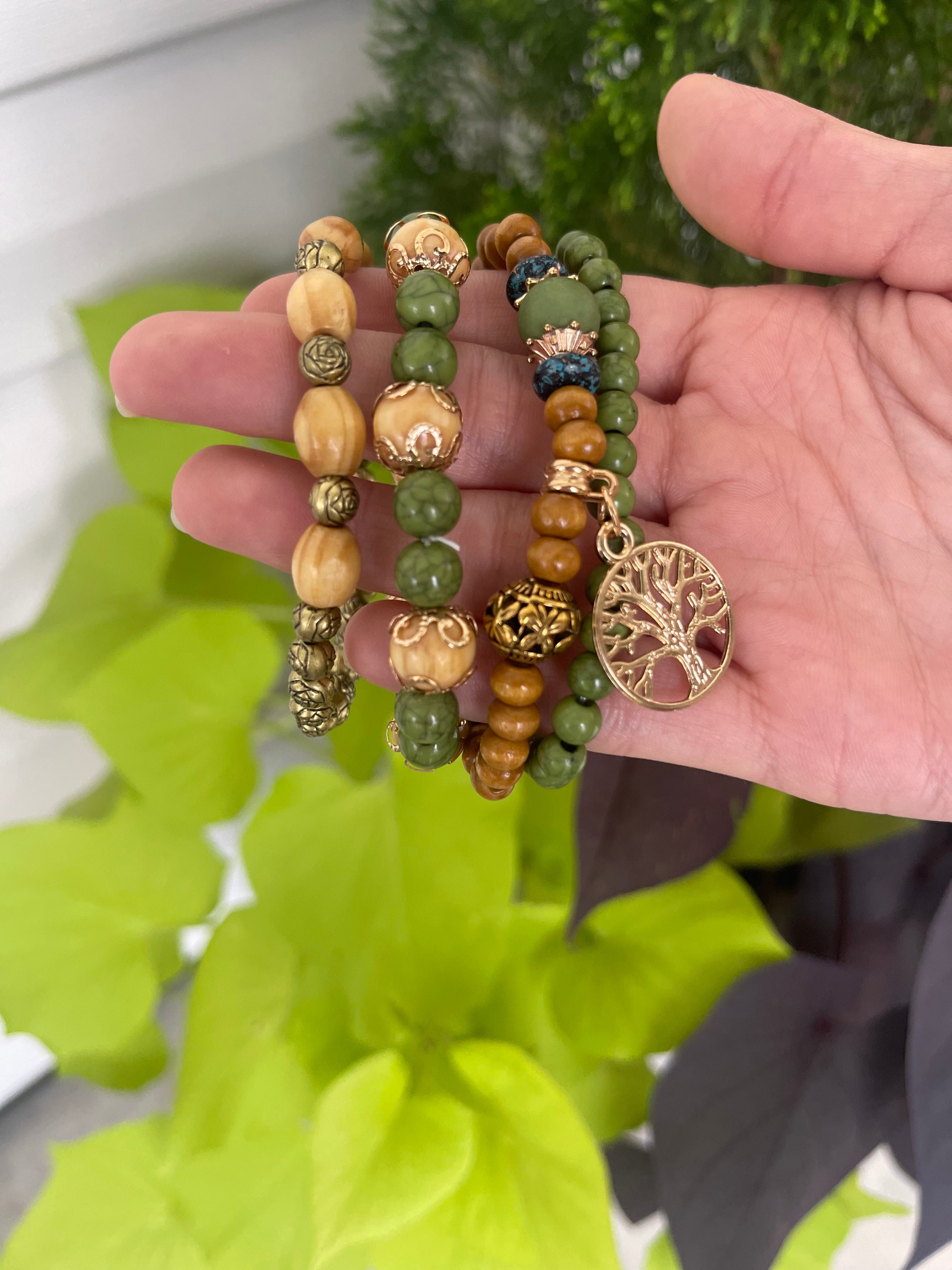 Tree of Life Green Beaded Bracelet Set