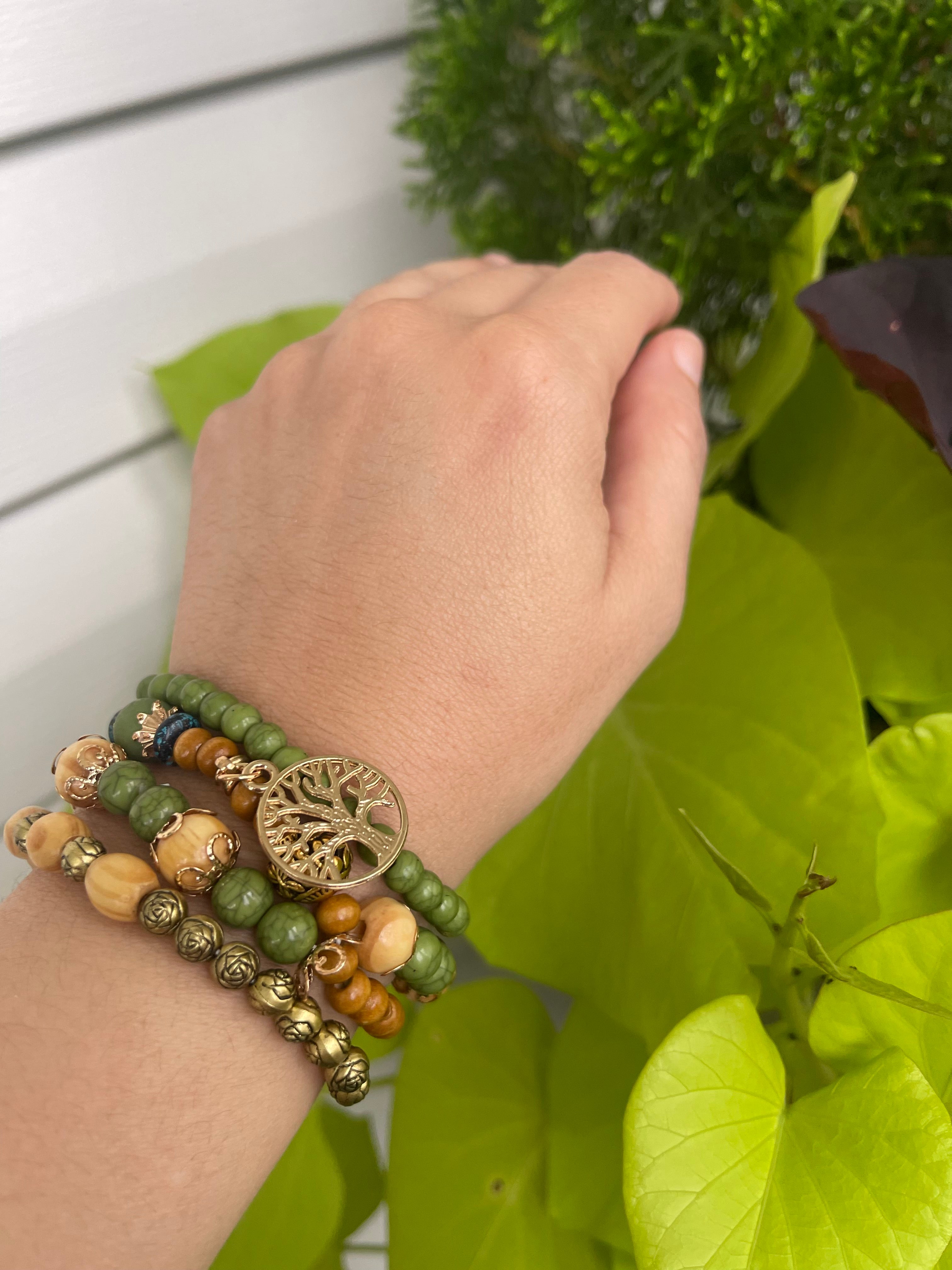 Tree of Life Green Beaded Bracelet Set