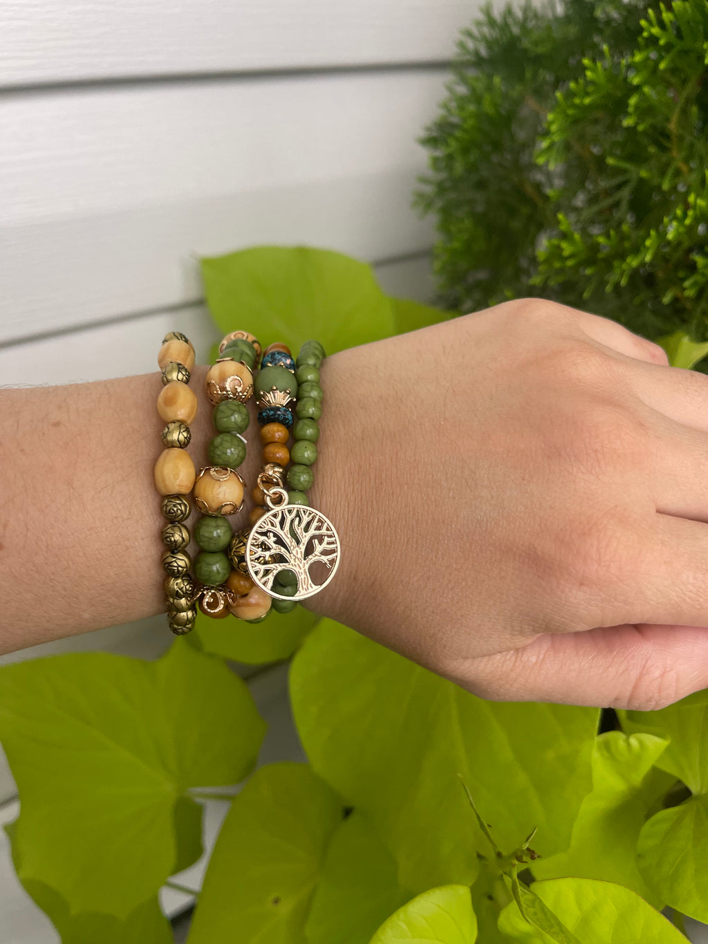 Tree of Life Green Beaded Bracelet Set