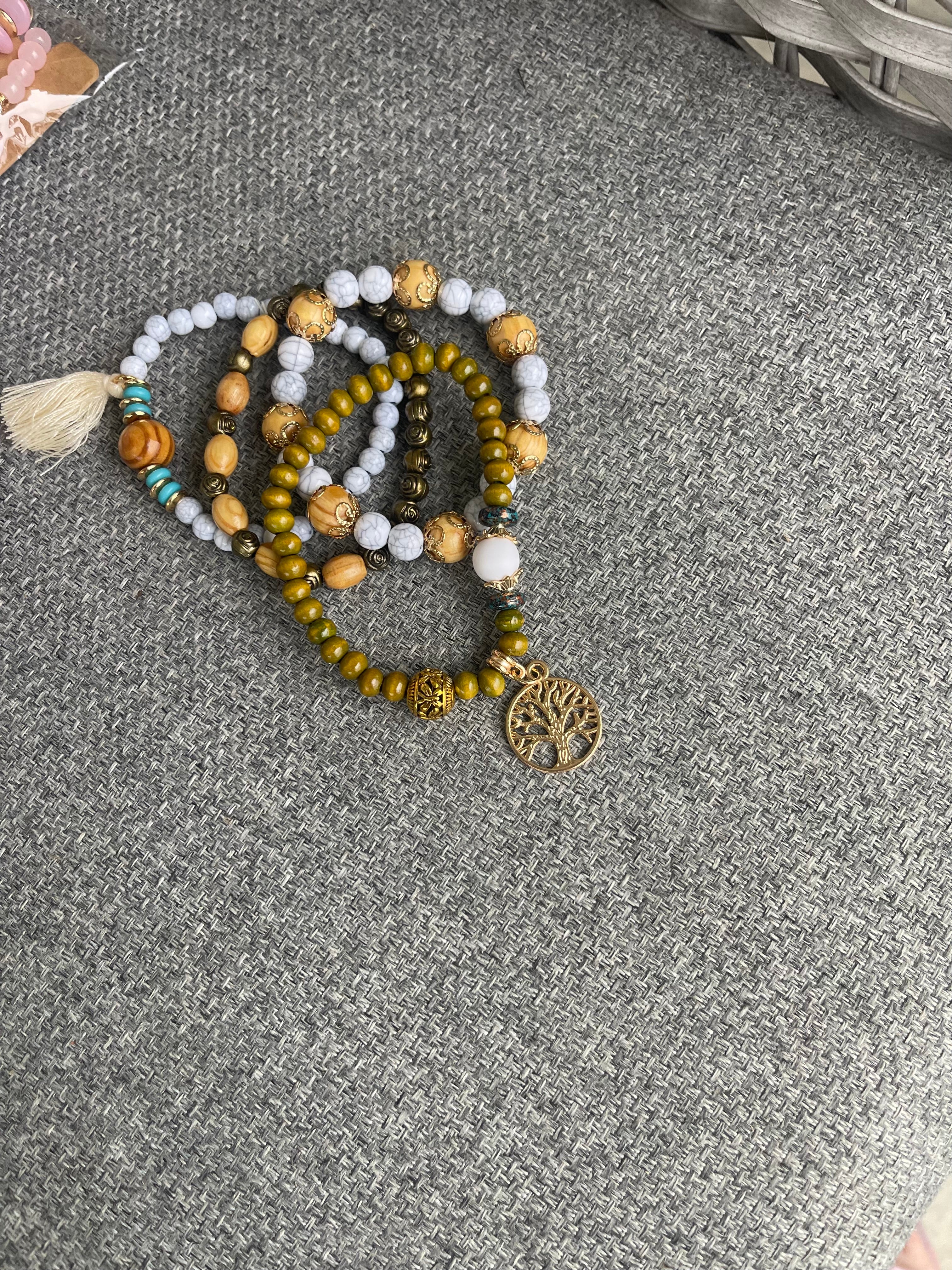 Tree of Life Marble Beaded Bracelet Stack