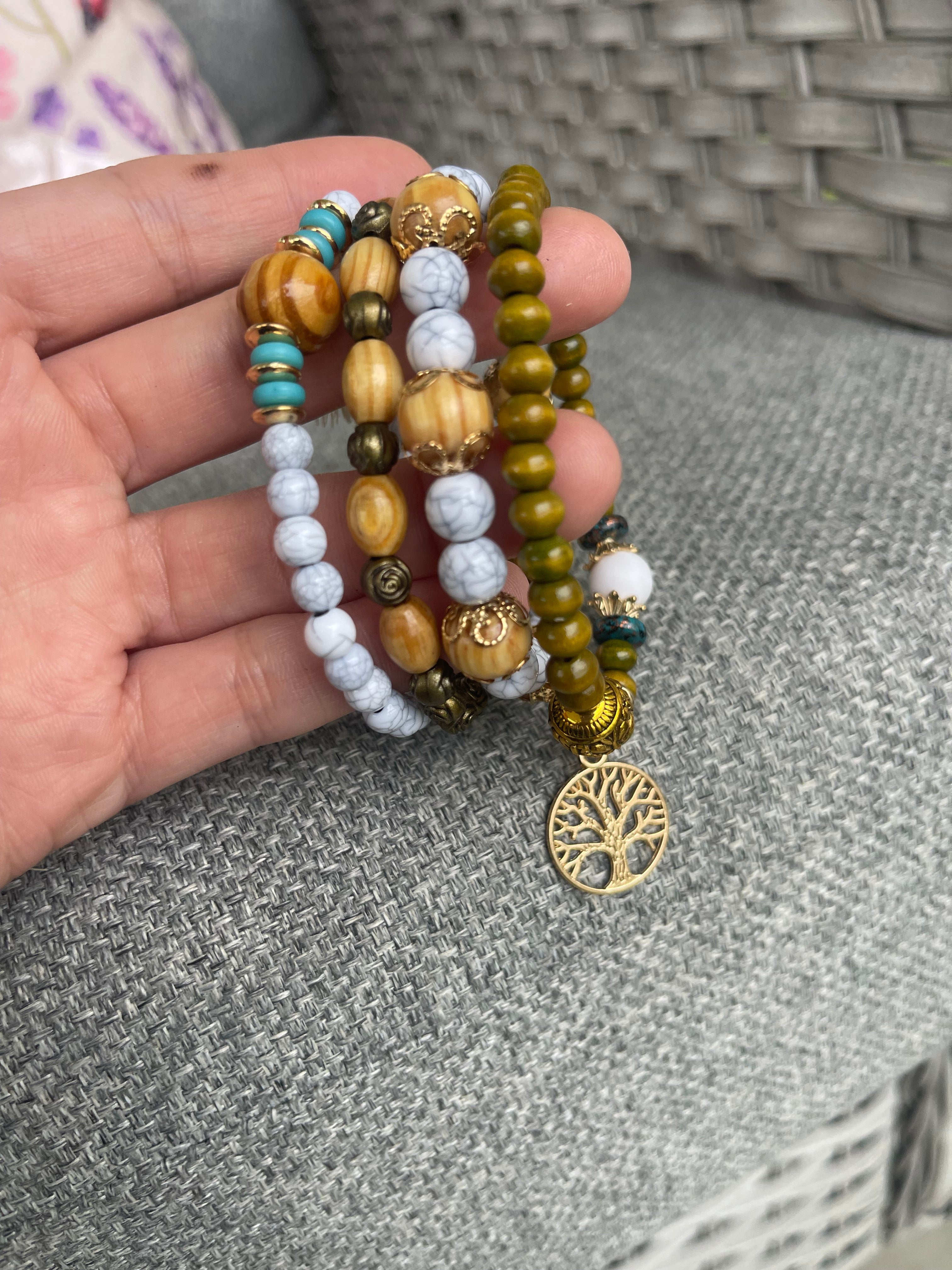 Tree of Life Marble Beaded Bracelet Stack