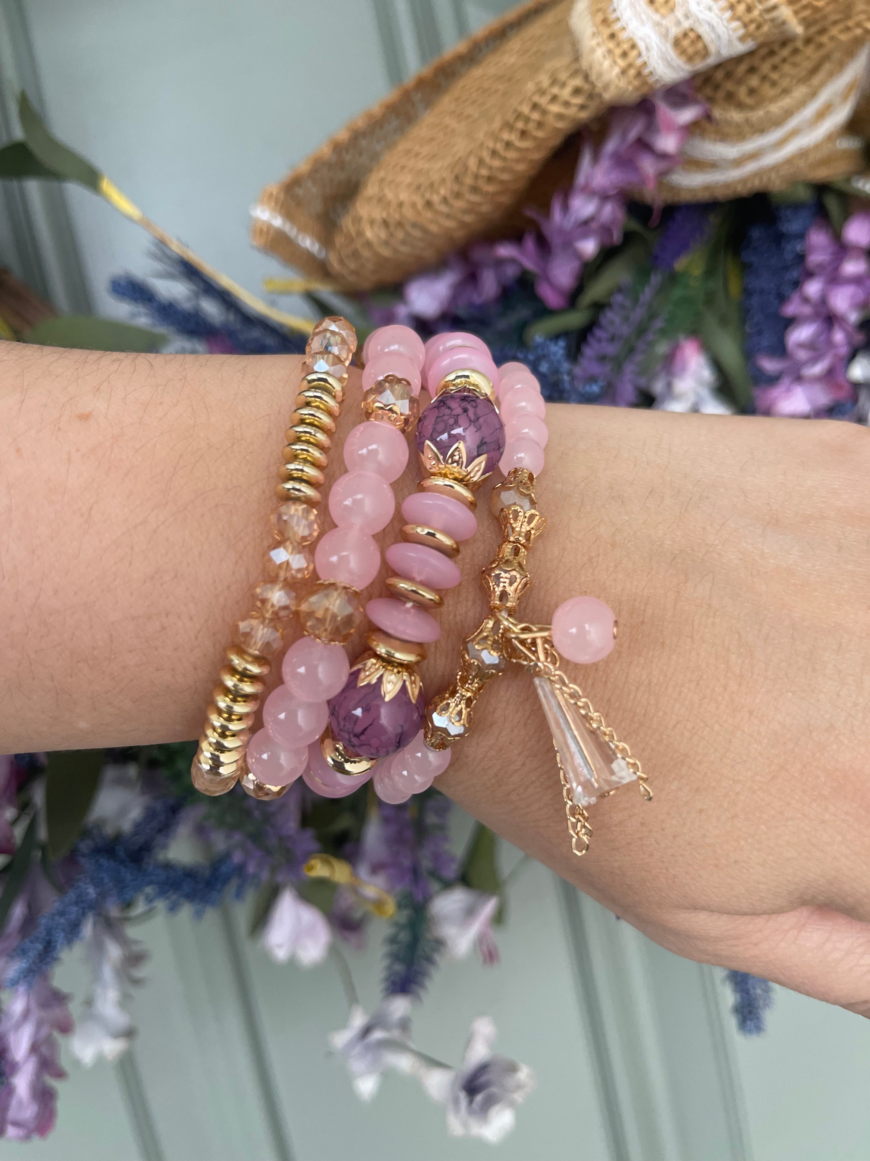 Lavender Rose & Gold Crystal Bracelet Stack