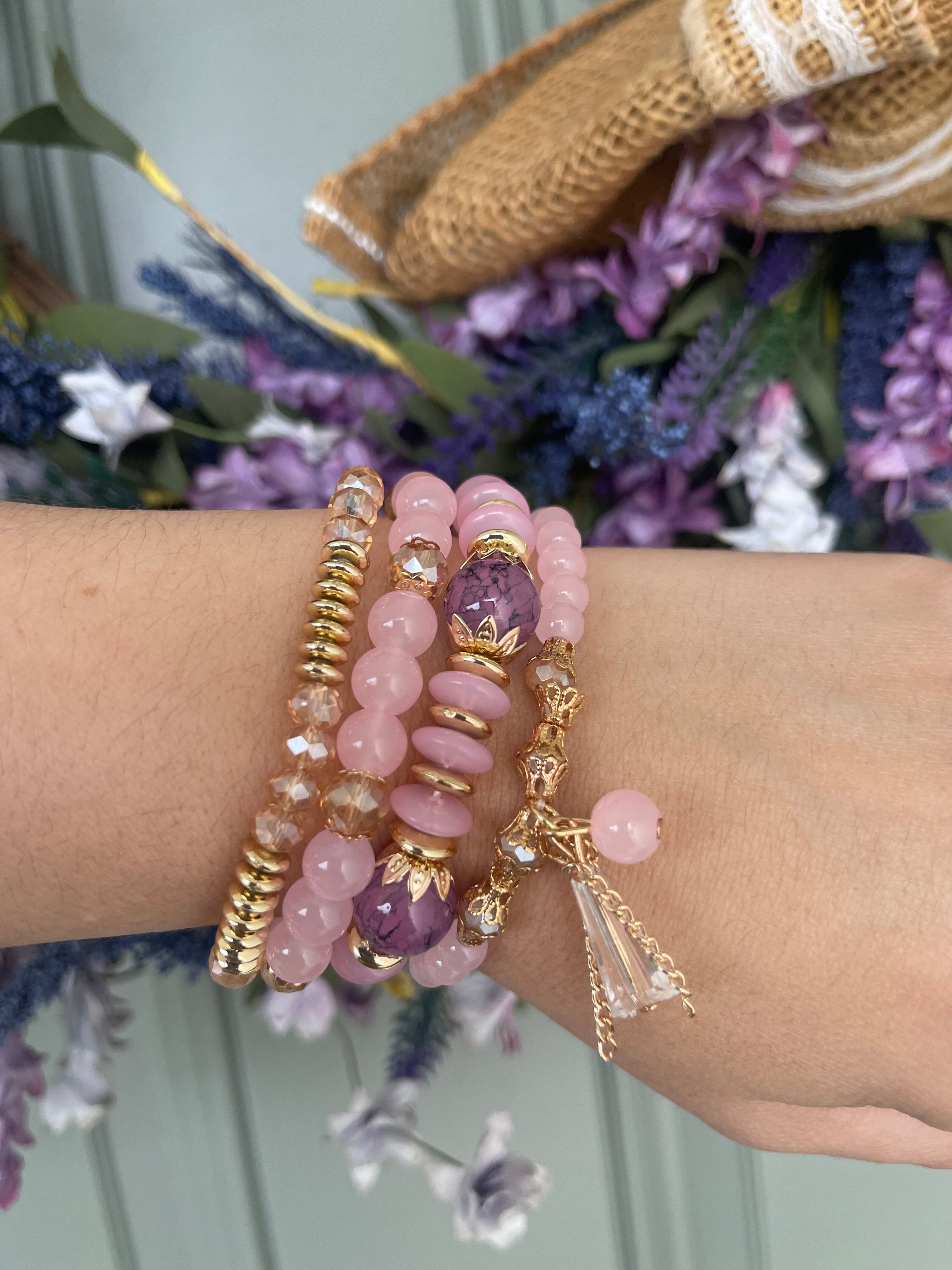 Lavender Rose & Gold Crystal Bracelet Stack