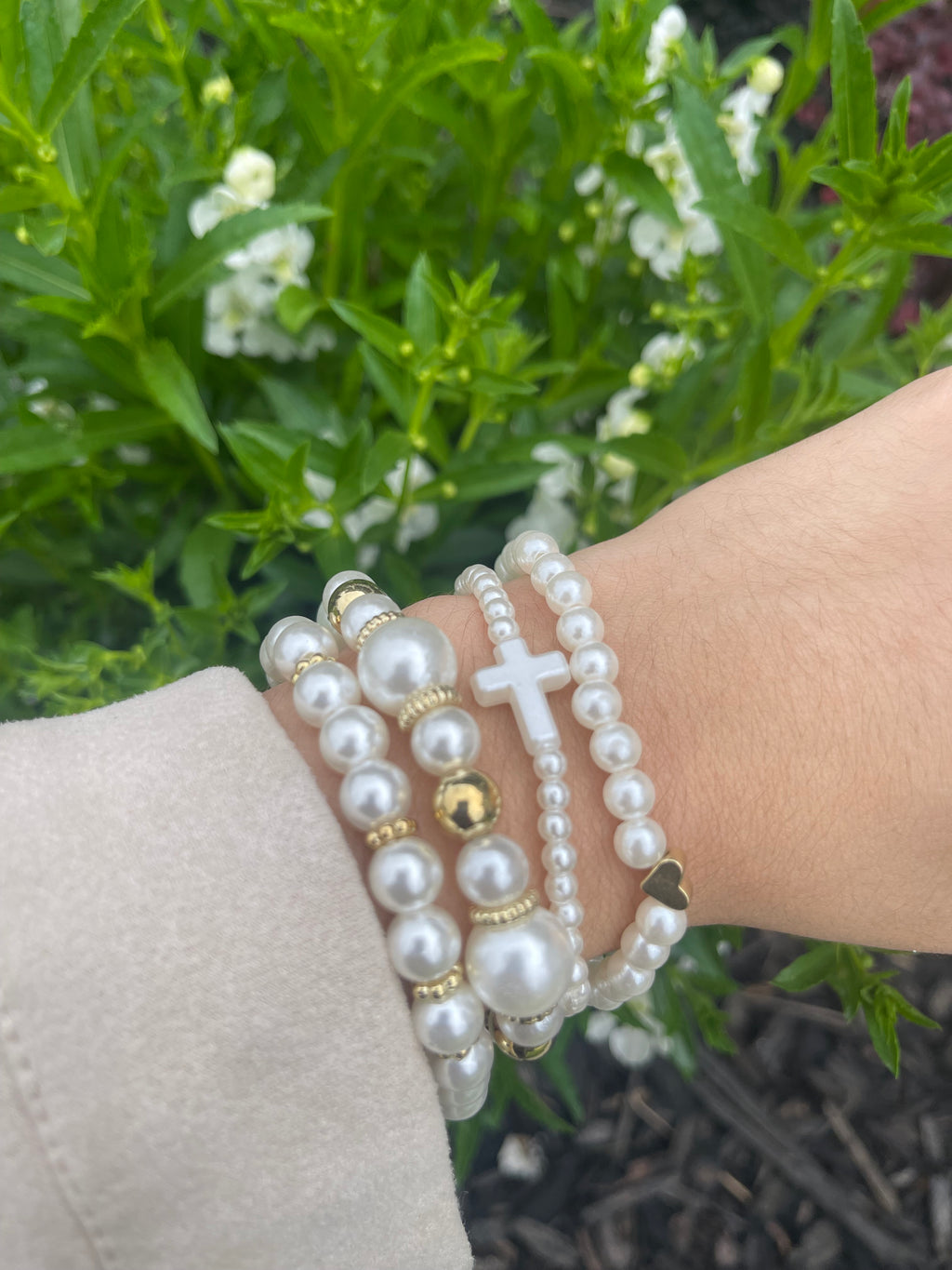Pearl & Gold Cross Bracelet Stack