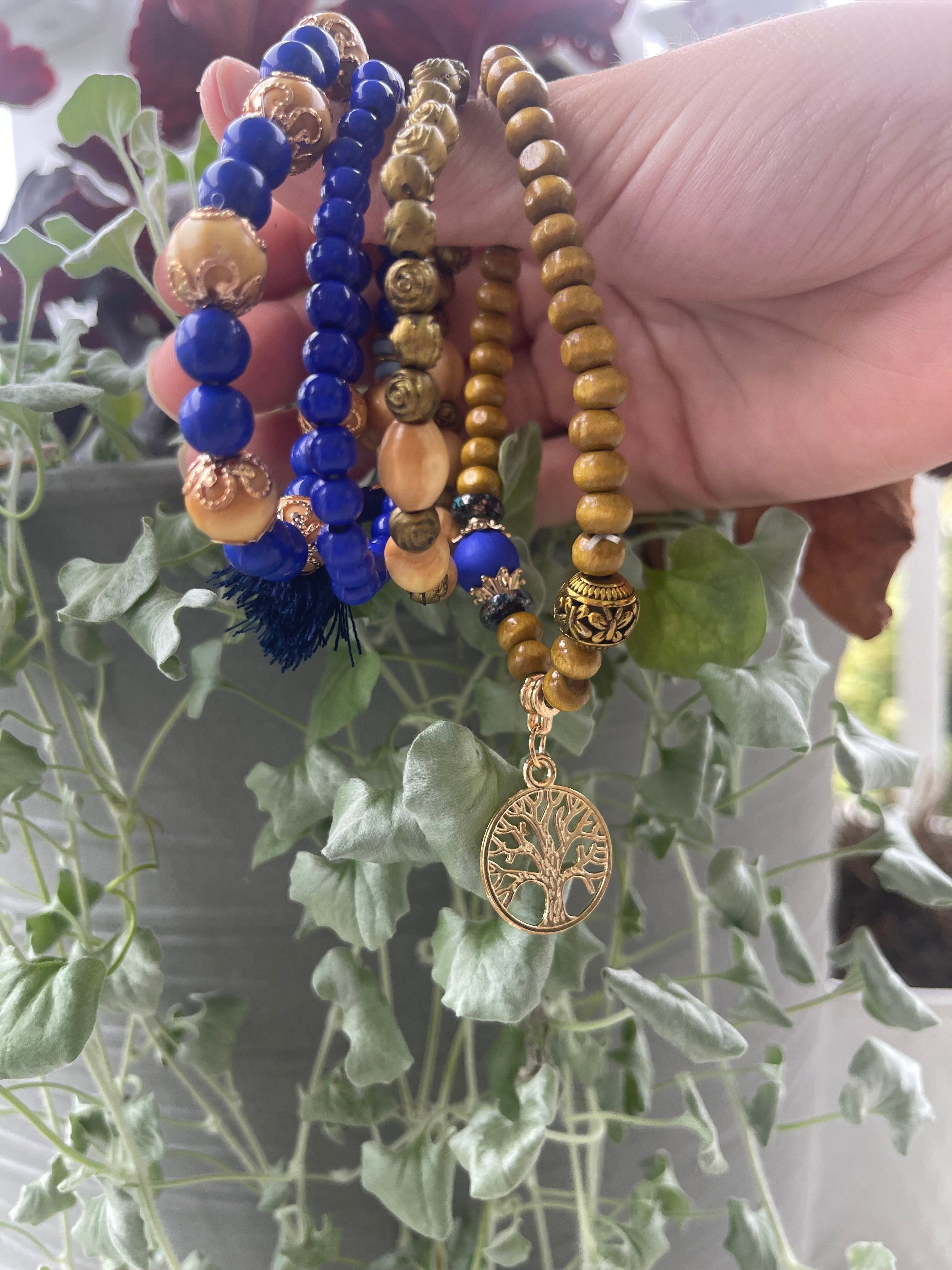 Royal Blue & Gold Tree of Life Bracelet Stack